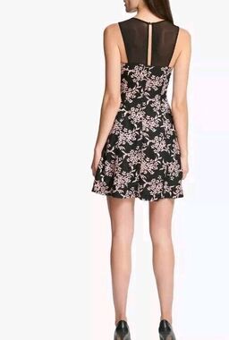 Guess Women's Sleeves Sheer Floral Illusion Dress Black Pink Size 8